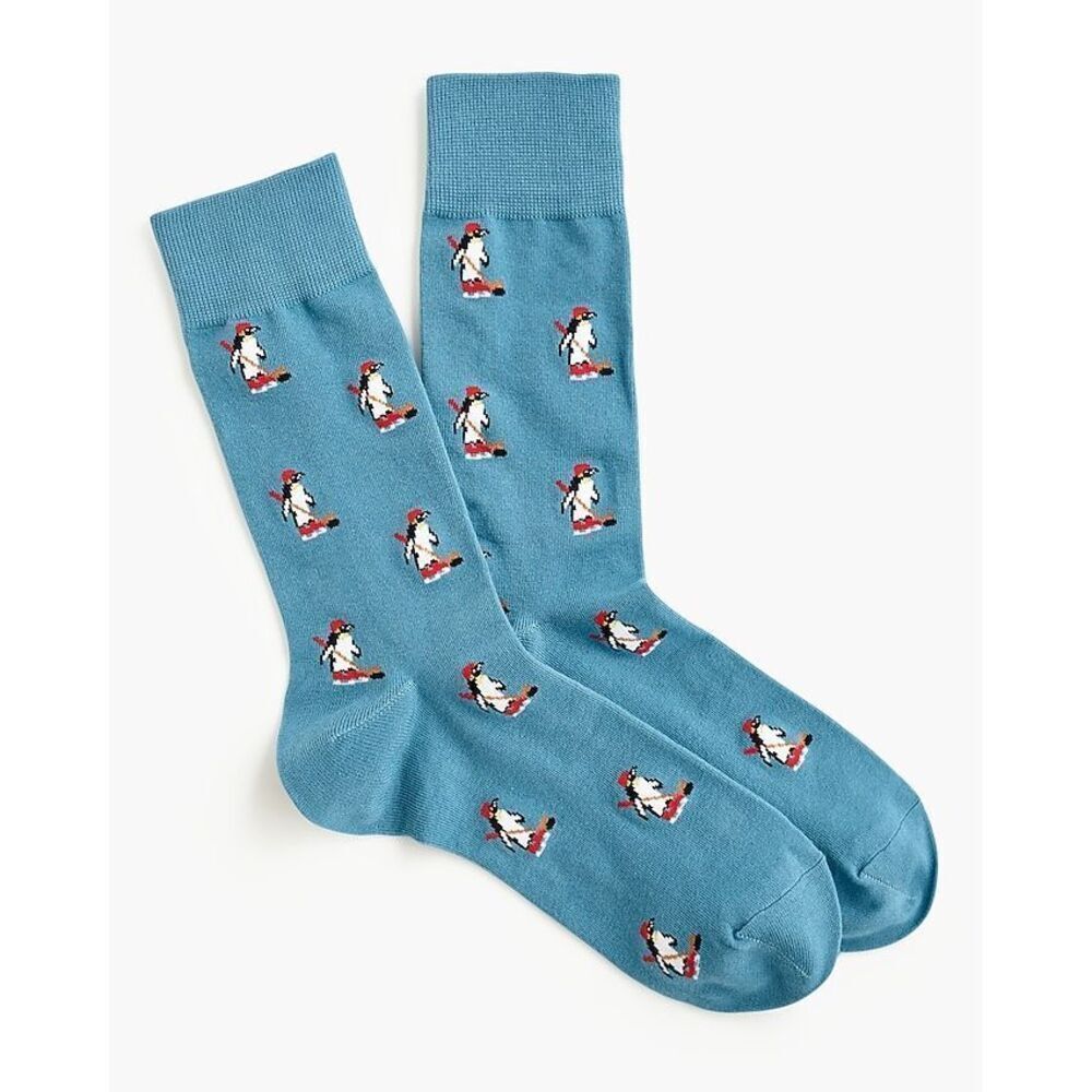 J.Crew Men’s Hockey Penguin Socks Bermuda Blue One Size Cozy Cotton Blend, New